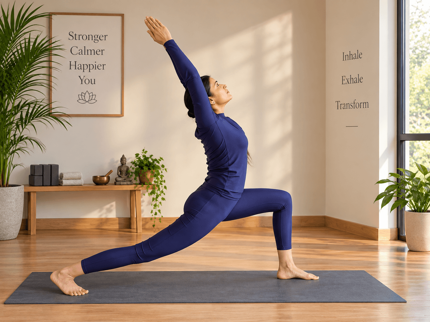 Rajni Kamboj in a crescent lunge, arm reaching skyward, in a sunlit studio