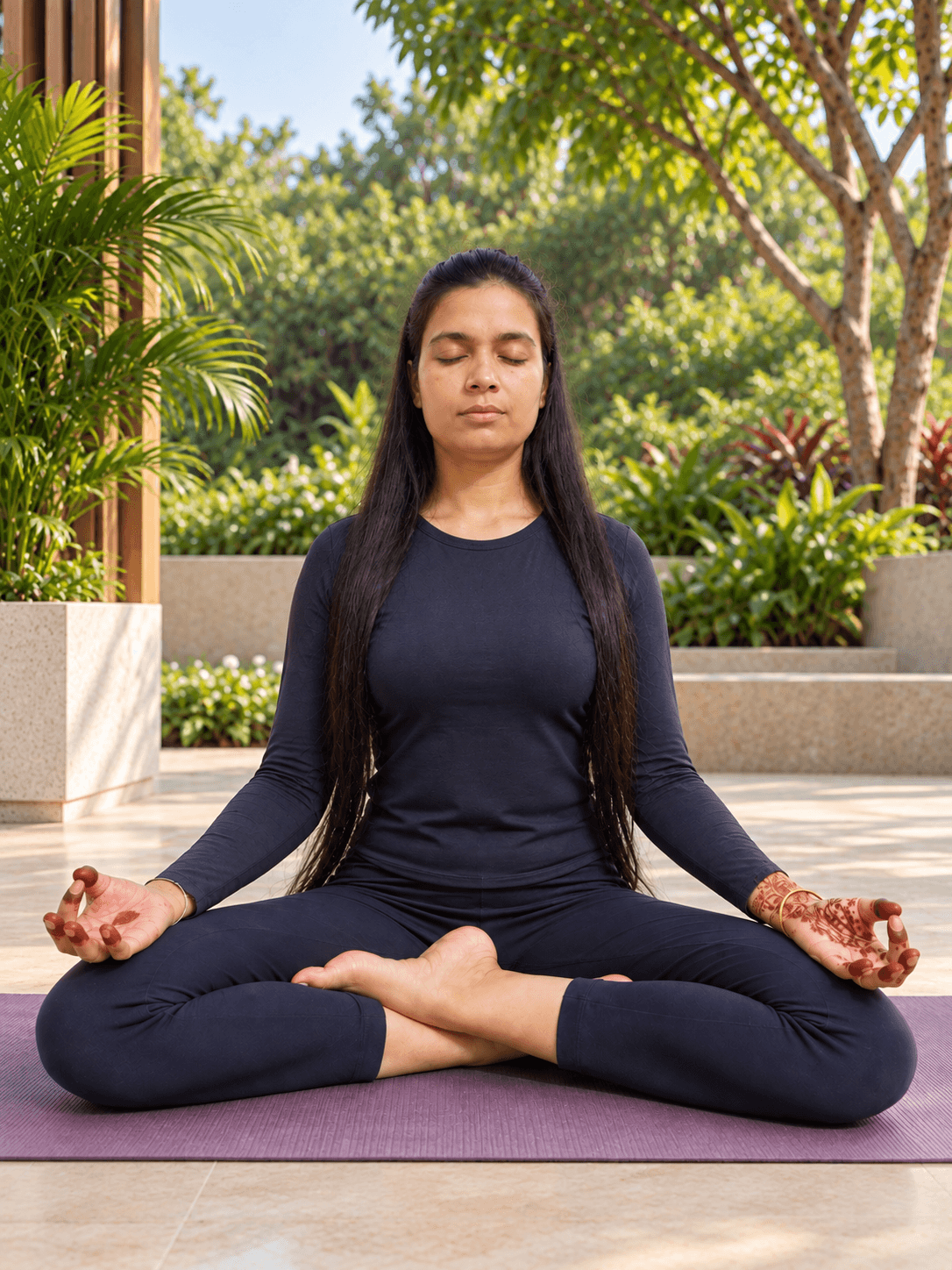 Rajni Kamboj seated in quiet meditation in a garden courtyard